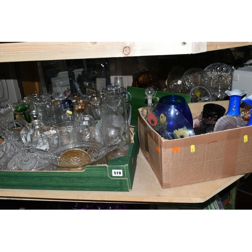 519 - FOUR BOXES OF ASSORTED GLASSWARE, to include drinking glasses, jugs, baskets, vases, coloured glass ... 