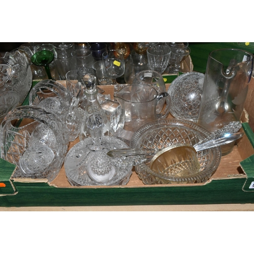 519 - FOUR BOXES OF ASSORTED GLASSWARE, to include drinking glasses, jugs, baskets, vases, coloured glass ... 