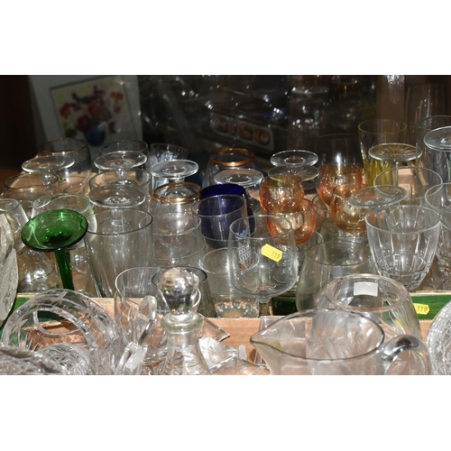 519 - FOUR BOXES OF ASSORTED GLASSWARE, to include drinking glasses, jugs, baskets, vases, coloured glass ... 