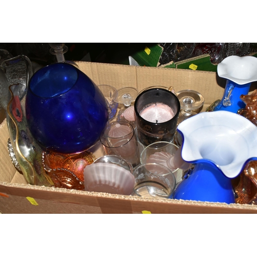 519 - FOUR BOXES OF ASSORTED GLASSWARE, to include drinking glasses, jugs, baskets, vases, coloured glass ... 