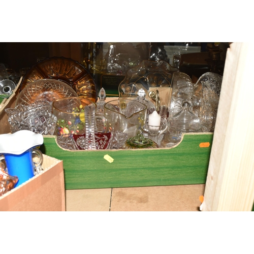 519 - FOUR BOXES OF ASSORTED GLASSWARE, to include drinking glasses, jugs, baskets, vases, coloured glass ... 