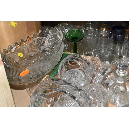 519 - FOUR BOXES OF ASSORTED GLASSWARE, to include drinking glasses, jugs, baskets, vases, coloured glass ... 