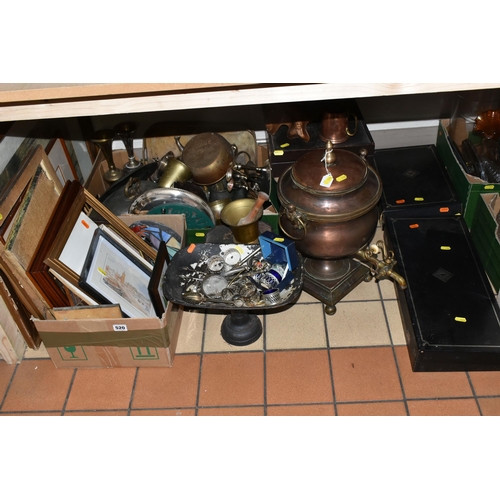 520 - TWO BOXES AND LOOSE COPPER AND METALWARE, to include a large Victorian copper samovar, copper pan, b... 