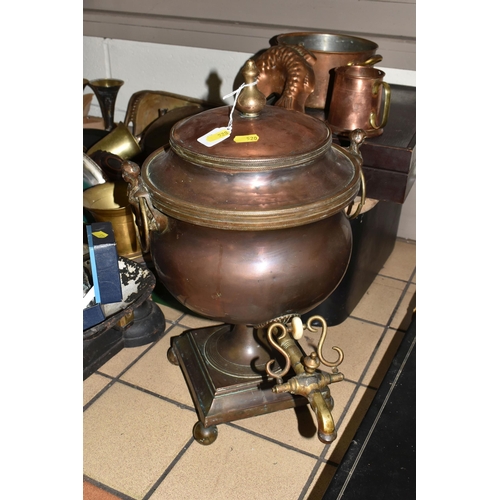 520 - TWO BOXES AND LOOSE COPPER AND METALWARE, to include a large Victorian copper samovar, copper pan, b... 