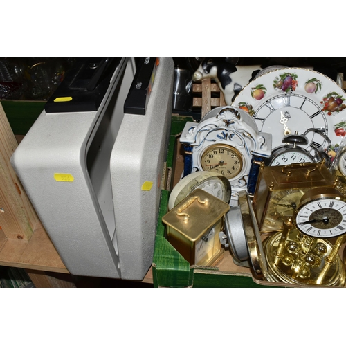 526 - TWO BOXES AND LOOSE CLOCKS AND METAL WARE, to include five anniversary clocks by makers including St... 