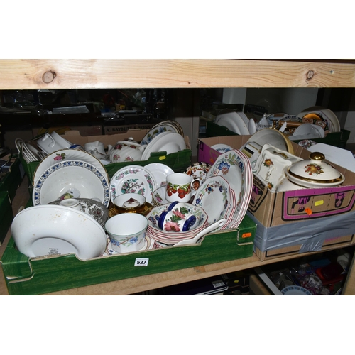 527 - FIVE BOXES OF CERAMIC TEA AND DINNER WARE, to include a Royal Worcester gold lustre sugar bowl with ... 