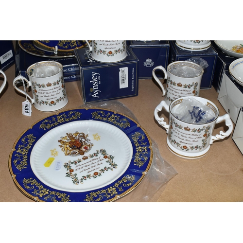 531 - A GROUP OF ROYAL WEDDING COMMEMORATIVE AYNSLEY GIFTWARE comprising two boxed plates, five single han... 