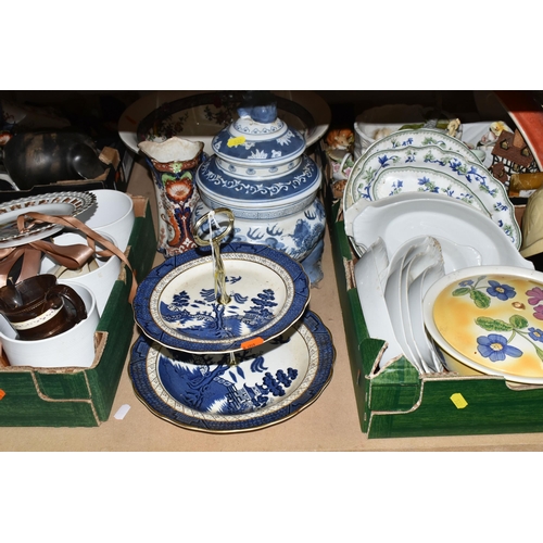 532 - FOUR BOXES AND LOOSE CERAMICS to include a Royal Doulton two tier cake stand, quantity of individual... 