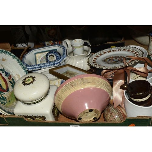 533 - THREE BOXES OF CERAMICS, GLASS, AND MISCELLANEOUS ITEMS to include nine JAJ Pyrex in Chelsea and Jun... 