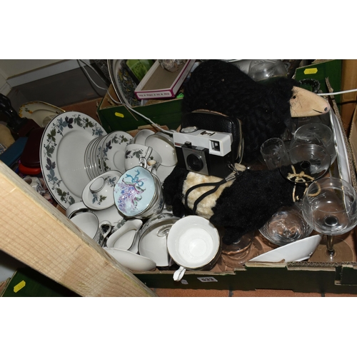 533 - THREE BOXES OF CERAMICS, GLASS, AND MISCELLANEOUS ITEMS to include nine JAJ Pyrex in Chelsea and Jun... 