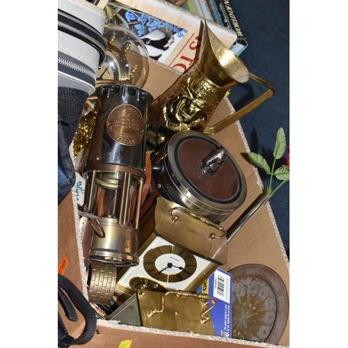 534 - FIVE BOXES AND LOOSE MISCELLANEOUS ITEMS to include a box of mixed brassware to include a miner's la... 