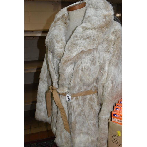 535 - THREE BOXES AND LOOSE VINTAGE CLOTHING AND BAGS, to include a mottled cream and beige belted fur jac... 