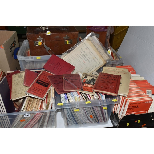 537 - FIVE BOXES OF ASSORTED VINTAGE ORDNANCE SURVEY MAPS, to include two January 1942 maps of R.A.F stati... 