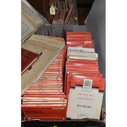 537 - FIVE BOXES OF ASSORTED VINTAGE ORDNANCE SURVEY MAPS, to include two January 1942 maps of R.A.F stati... 