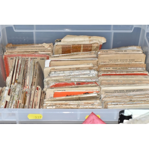 537 - FIVE BOXES OF ASSORTED VINTAGE ORDNANCE SURVEY MAPS, to include two January 1942 maps of R.A.F stati... 