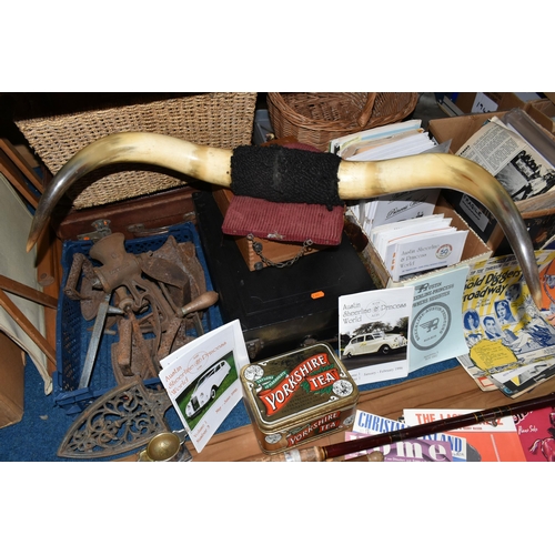 478 - FOUR BOXES AND LOOSE MISCELLANEOUS ITEMS, to include a mounted pair of cattle horns, a Columbia port... 