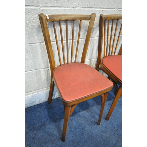 1199 - A SET OF FOUR BAUMANN CHAIRS, with curved spindle back, red vinyl upholstered seats (condition repor... 