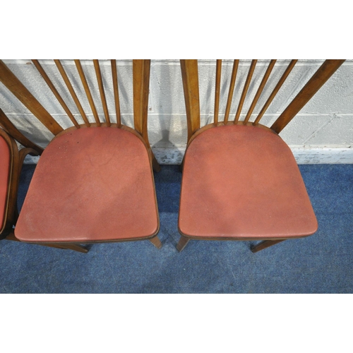 1199 - A SET OF FOUR BAUMANN CHAIRS, with curved spindle back, red vinyl upholstered seats (condition repor... 