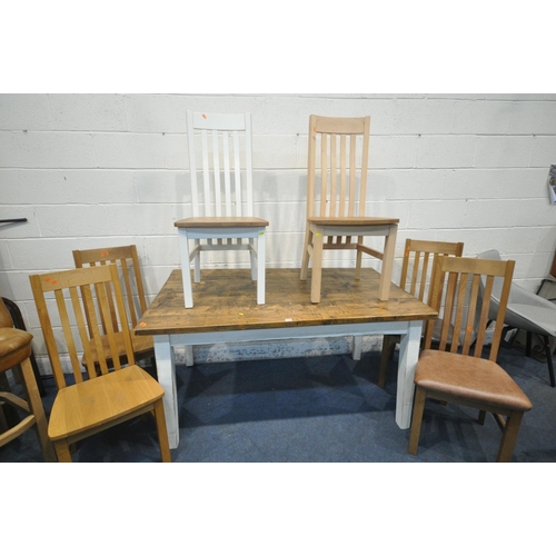 1285 - A RECTANGULAR FARMHOUSE STYLE TABLE, length 152cm x depth 88cm x height 78cm, along with six chairs ... 