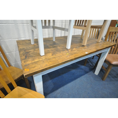 1285 - A RECTANGULAR FARMHOUSE STYLE TABLE, length 152cm x depth 88cm x height 78cm, along with six chairs ... 