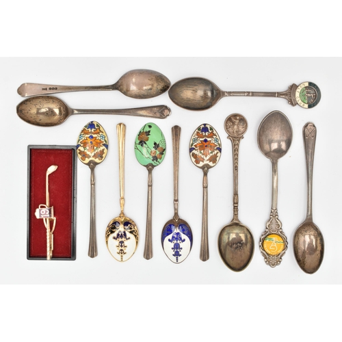 65 - A SMALL SELECTION OF SILVER TEASPOONS, to include a set of five silver gilt teaspoons with engraved ... 