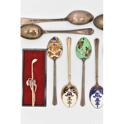 65 - A SMALL SELECTION OF SILVER TEASPOONS, to include a set of five silver gilt teaspoons with engraved ... 