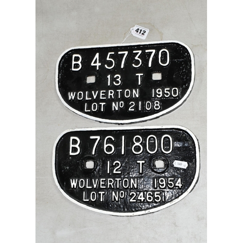 412 - TWO CAST IRON RAILWAY PLAQUES from Wolverton dated 1950 and 1954 comprising one B457370 13T Lot No. ... 