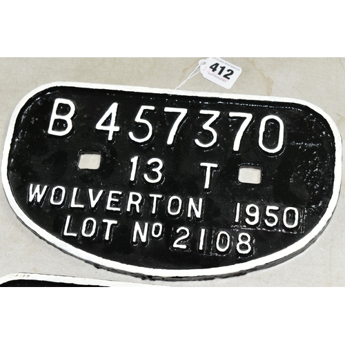412 - TWO CAST IRON RAILWAY PLAQUES from Wolverton dated 1950 and 1954 comprising one B457370 13T Lot No. ... 
