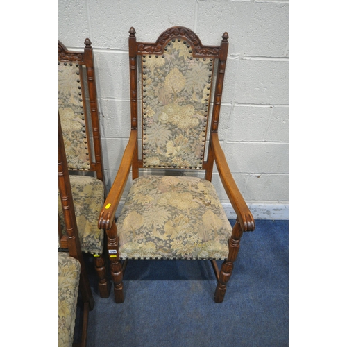 1206 - A SET OF SIX JAYCEE OAK CHAIRS, including two carvers, with an arched crest, twin finials, foliate u... 