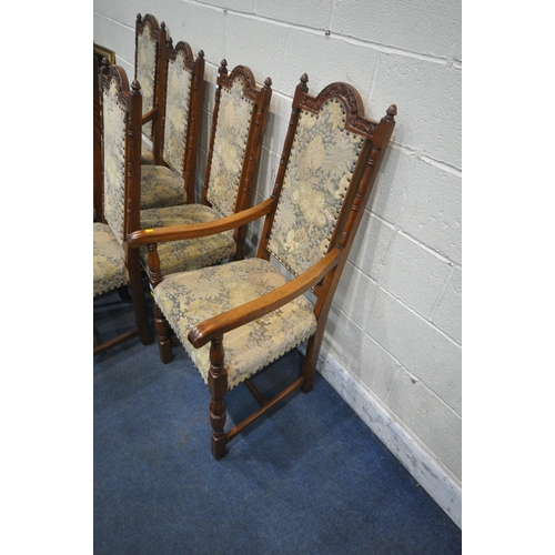 1206 - A SET OF SIX JAYCEE OAK CHAIRS, including two carvers, with an arched crest, twin finials, foliate u... 