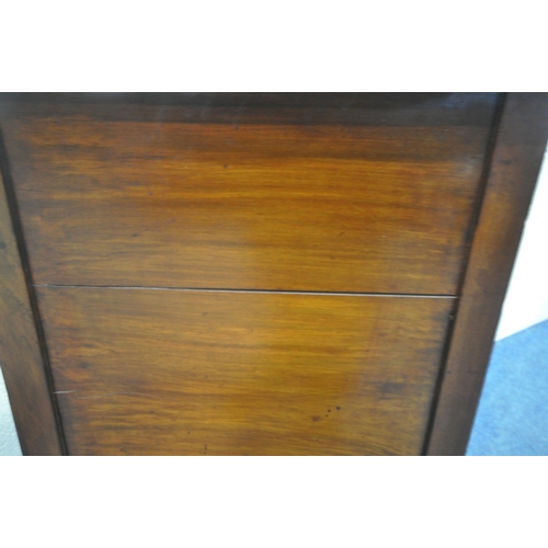 1210 - AN EDWARDIAN MAHOGANY BOW FRONT POT CUPBOARD, with a single door, raised on square tapered legs, 42c... 