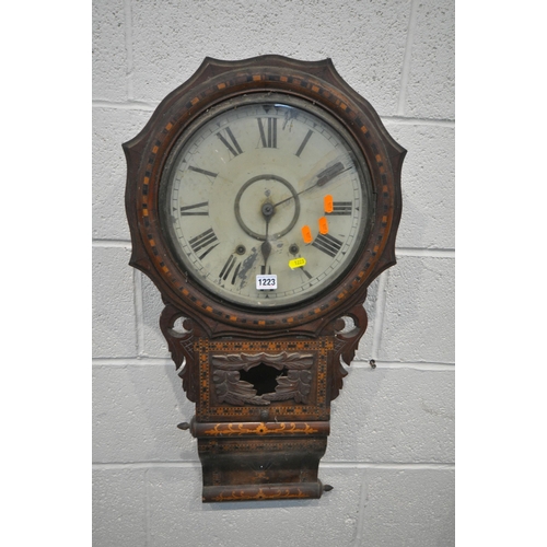 1223 - A 19TH CENTURY MAHOGANY DROP DIAL WALL CLOCK, with marquetry and parquetry inlay, the 12 inch dial d... 