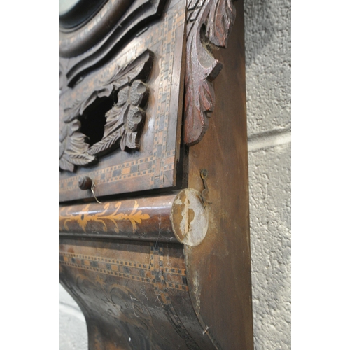 1223 - A 19TH CENTURY MAHOGANY DROP DIAL WALL CLOCK, with marquetry and parquetry inlay, the 12 inch dial d... 