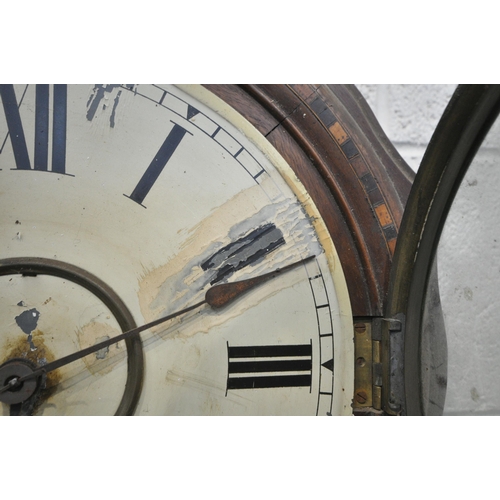 1223 - A 19TH CENTURY MAHOGANY DROP DIAL WALL CLOCK, with marquetry and parquetry inlay, the 12 inch dial d... 