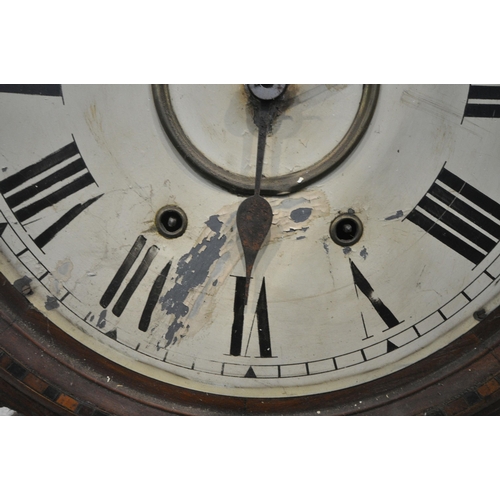 1223 - A 19TH CENTURY MAHOGANY DROP DIAL WALL CLOCK, with marquetry and parquetry inlay, the 12 inch dial d... 