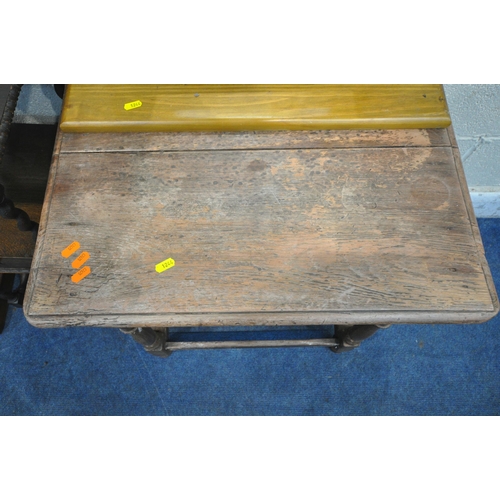 1244 - AN OAK LAMP TABLE, with a single frieze drawer, raised on turned legs, united by stretchers, width 6... 