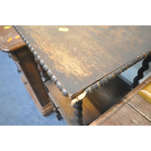 1244 - AN OAK LAMP TABLE, with a single frieze drawer, raised on turned legs, united by stretchers, width 6... 