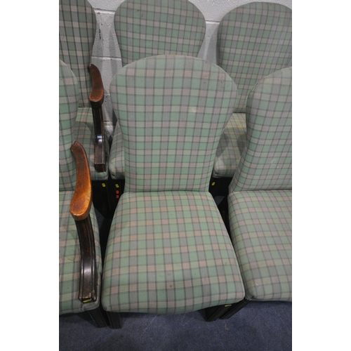 1267 - A SET OF EIGHT 20TH CENTURY DINING CHAIRS, including four carvers, all with green tartan upholstery ... 