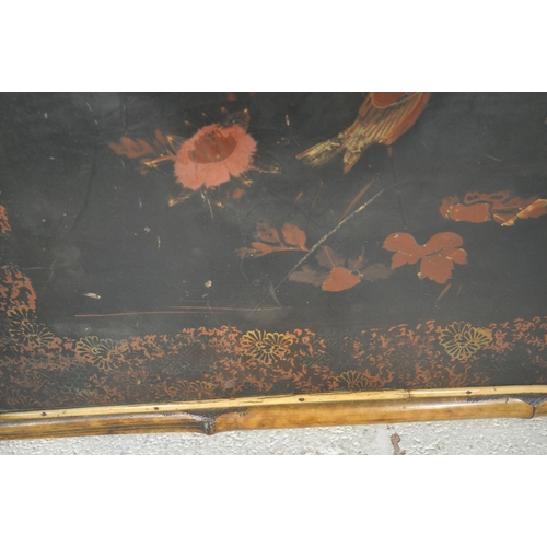 1271 - A 19TH CENTURY JAPANESE BAMBOO OCCASIONAL TABLE, the ebonised finish depicting birds and foliate det... 