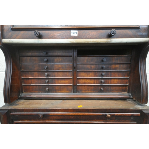 1277 - A 19TH CENTURY BURR WALNUT DENTIST CABINET, with an arched crest, the roll front enclosing a marble ... 