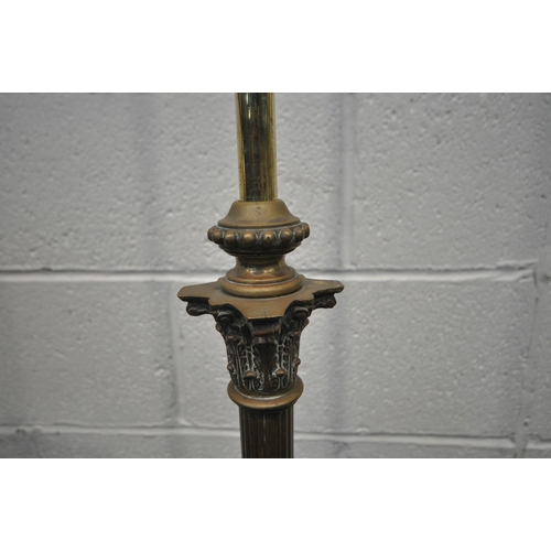 1278 - A 19TH CENTURY BRASS TELESCOPIC OIL LAMP, with a Corinthian style pillar, on a stepped base, with pa... 