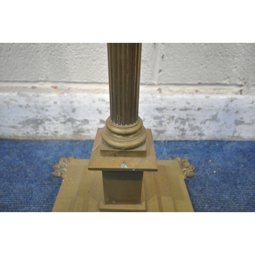 1278 - A 19TH CENTURY BRASS TELESCOPIC OIL LAMP, with a Corinthian style pillar, on a stepped base, with pa... 