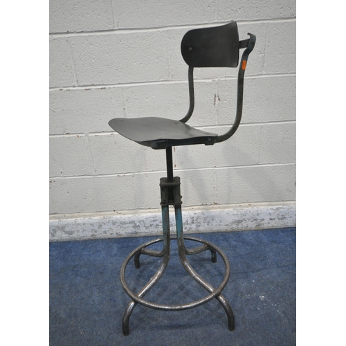 1279 - A 20TH CENTURY TUBULAR METAL SWIVEL MACHINIST CHAIR, with an adjustable backrest, maximum height 103... 