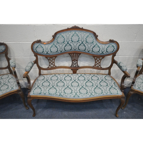 1298 - AN EDWARDIAN WALNUT THREE PIECE SUITE, with shaped foliate crests, splat backs, swept open armrests,... 