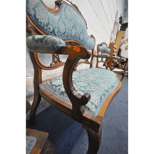 1298 - AN EDWARDIAN WALNUT THREE PIECE SUITE, with shaped foliate crests, splat backs, swept open armrests,... 