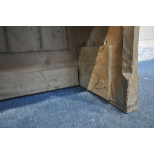 1299 - A PINE PEW OF SMALL PROPORTIONS, width 99cm x depth 48cm x height 90cm (condition report: marks, scu... 