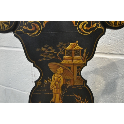 1300 - A PAIR OF EBONISED QUEEN ANNE STYLE CHAIRS, with chinoiserie decoration, depicting people, buildings... 