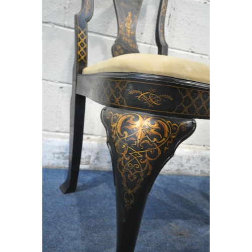 1300 - A PAIR OF EBONISED QUEEN ANNE STYLE CHAIRS, with chinoiserie decoration, depicting people, buildings... 