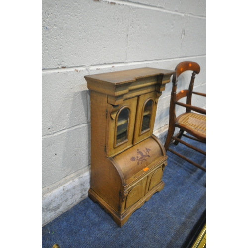 1354 - A MINIATURE PAINTED PINE BUREAU BOOKCASE, with double glass doors, a barrel front, above double cupb... 