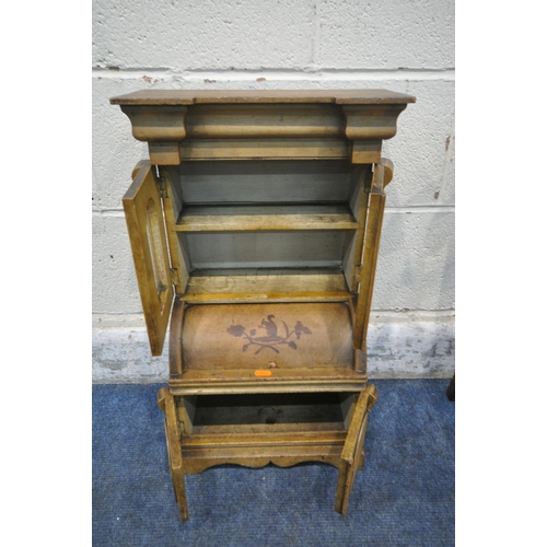 1354 - A MINIATURE PAINTED PINE BUREAU BOOKCASE, with double glass doors, a barrel front, above double cupb... 